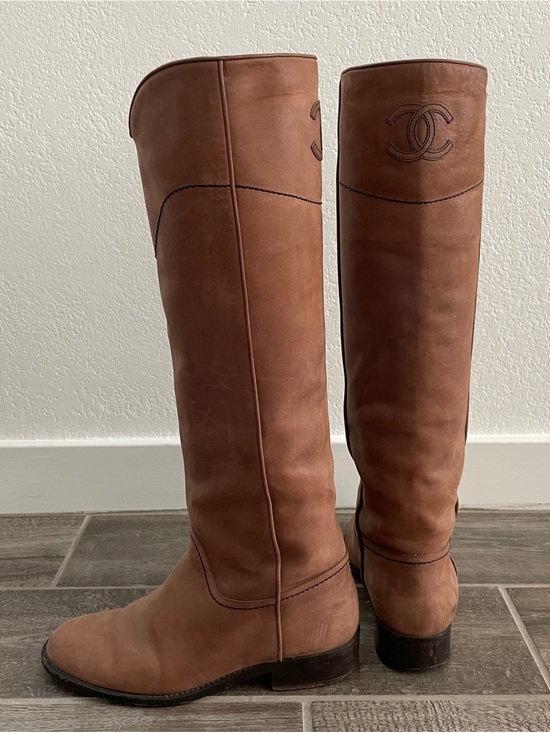CHANEL Shoes - CHANEL Brown Leather Knee-High CC Logo Riding Western Boots